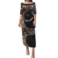 Samoa and New Zealand Together Family Matching Puletasi and Hawaiian Shirt Siapo Motif and Maori Paua Shell Pattern LT03 Mom's Dress Black - Polynesian Pride