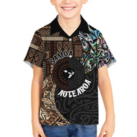 Samoa and New Zealand Together Family Matching Short Sleeve Bodycon Dress and Hawaiian Shirt Siapo Motif and Maori Paua Shell Pattern LT03 Son's Shirt Black - Polynesian Pride