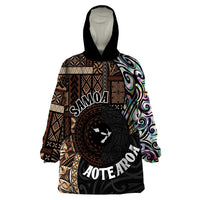 Samoa and New Zealand Together Wearable Blanket Hoodie Siapo Motif and Maori Paua Shell Pattern LT03 One Size Black - Polynesian Pride