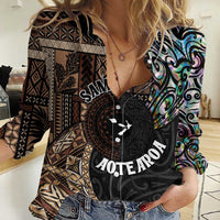 Samoa and New Zealand Together Women Casual Shirt Siapo Motif and Maori Paua Shell Pattern LT03 Female Black - Polynesian Pride