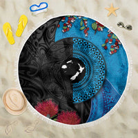 Fiji and New Zealand Together Beach Blanket Tapa Maori Tattoo mix Tagimoucia and Pohutukawa LT03 One Size 150cm Black - Polynesian Pride
