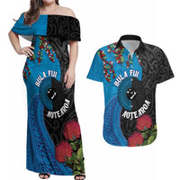 Fiji and New Zealand Together Couples Matching Off Shoulder Maxi Dress and Hawaiian Shirt Tapa Maori Tattoo mix Tagimoucia and Pohutukawa LT03 Black - Polynesian Pride