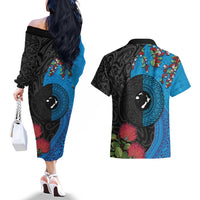 Fiji and New Zealand Together Couples Matching Off The Shoulder Long Sleeve Dress and Hawaiian Shirt Tapa Maori Tattoo mix Tagimoucia and Pohutukawa LT03 - Polynesian Pride