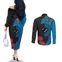 Fiji and New Zealand Together Couples Matching Off The Shoulder Long Sleeve Dress and Long Sleeve Button Shirt Tapa Maori Tattoo mix Tagimoucia and Pohutukawa LT03 - Polynesian Pride