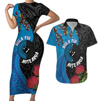 Fiji and New Zealand Together Couples Matching Short Sleeve Bodycon Dress and Hawaiian Shirt Tapa Maori Tattoo mix Tagimoucia and Pohutukawa LT03 Black - Polynesian Pride