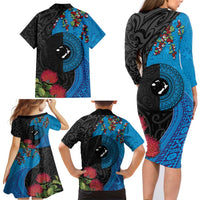 Fiji and New Zealand Together Family Matching Long Sleeve Bodycon Dress and Hawaiian Shirt Tapa Maori Tattoo mix Tagimoucia and Pohutukawa LT03 - Polynesian Pride