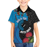 Fiji and New Zealand Together Family Matching Long Sleeve Bodycon Dress and Hawaiian Shirt Tapa Maori Tattoo mix Tagimoucia and Pohutukawa LT03 Son's Shirt Black - Polynesian Pride