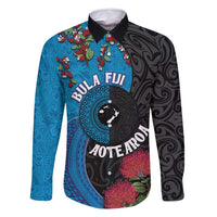 Fiji and New Zealand Together Family Matching Off Shoulder Maxi Dress and Hawaiian Shirt Tapa Maori Tattoo mix Tagimoucia and Pohutukawa LT03 Dad's Shirt - Long Sleeve Black - Polynesian Pride