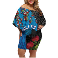 Fiji and New Zealand Together Family Matching Off Shoulder Short Dress and Hawaiian Shirt Tapa Maori Tattoo mix Tagimoucia and Pohutukawa LT03 Mom's Dress Black - Polynesian Pride