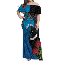 Fiji and New Zealand Together Off Shoulder Maxi Dress Tapa Maori Tattoo mix Tagimoucia and Pohutukawa LT03 Women Black - Polynesian Pride