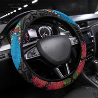 Fiji and New Zealand Together Steering Wheel Cover Tapa Maori Tattoo mix Tagimoucia and Pohutukawa LT03 Universal Fit Black - Polynesian Pride