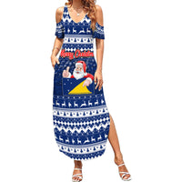 Personalised Tokelau Christmas Family Matching Summer Maxi Dress and Hawaiian Shirt Santa Claus Tokelau Flag and Coat of Arms with Polynesian Pattern LT03 Mom's Dress Blue - Polynesian Pride
