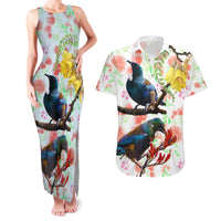 New Zealand Pohutukawa Tui Bird Couples Matching Tank Maxi Dress and Hawaiian Shirt Kowhai Version LT03 White - Polynesian Pride
