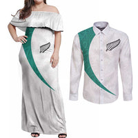 Custom New Zealand Football Couples Matching Off Shoulder Maxi Dress and Long Sleeve Button Shirt Go All Silver Ferns - Towards World Cup 2026 LT03 White - Polynesian Pride