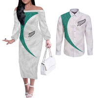 Custom New Zealand Football Couples Matching Off The Shoulder Long Sleeve Dress and Long Sleeve Button Shirt Go All Silver Ferns - Towards World Cup 2026 LT03 White - Polynesian Pride