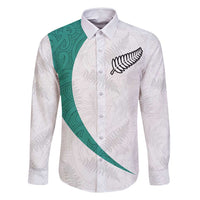 Custom New Zealand Football Family Matching Off Shoulder Maxi Dress and Hawaiian Shirt Go All Silver Ferns - Towards World Cup 2026 LT03 Dad's Shirt - Long Sleeve White - Polynesian Pride