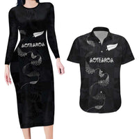 Custom New Zealand Rugby Couples Matching Long Sleeve Bodycon Dress and Hawaiian Shirt All Silver Ferns Blacks LT03 Black - Polynesian Pride