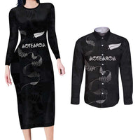 Custom New Zealand Rugby Couples Matching Long Sleeve Bodycon Dress and Long Sleeve Button Shirt All Silver Ferns Blacks LT03 Black - Polynesian Pride