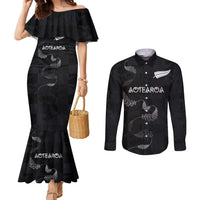 Custom New Zealand Rugby Couples Matching Mermaid Dress and Long Sleeve Button Shirt All Silver Ferns Blacks LT03 Black - Polynesian Pride