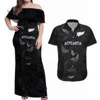 Custom New Zealand Rugby Couples Matching Off Shoulder Maxi Dress and Hawaiian Shirt All Silver Ferns Blacks LT03 Black - Polynesian Pride