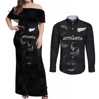 Custom New Zealand Rugby Couples Matching Off Shoulder Maxi Dress and Long Sleeve Button Shirt All Silver Ferns Blacks LT03 Black - Polynesian Pride