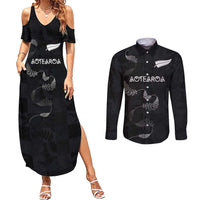 Custom New Zealand Rugby Couples Matching Summer Maxi Dress and Long Sleeve Button Shirt All Silver Ferns Blacks LT03 Black - Polynesian Pride