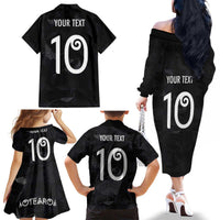 Custom New Zealand Rugby Family Matching Off The Shoulder Long Sleeve Dress and Hawaiian Shirt All Silver Ferns Blacks LT03 - Polynesian Pride