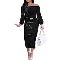 Custom New Zealand Rugby Family Matching Off The Shoulder Long Sleeve Dress and Hawaiian Shirt All Silver Ferns Blacks LT03 Mom's Dress Black - Polynesian Pride