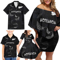 Custom New Zealand Rugby Family Matching Off Shoulder Short Dress and Hawaiian Shirt All Silver Ferns Blacks LT03 - Polynesian Pride