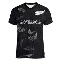 Custom New Zealand Rugby Women V-Neck T-Shirt All Silver Ferns Blacks LT03 Female Black - Polynesian Pride