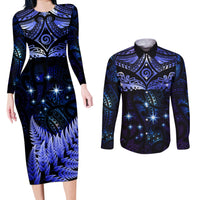 New Zealand Matariki Couples Matching Long Sleeve Bodycon Dress and Long Sleeve Button Shirt Maori Pattern and Matariki Sky Night LT03 Blue - Polynesian Pride