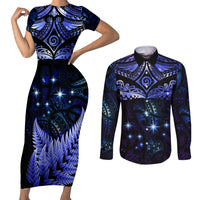 New Zealand Matariki Couples Matching Short Sleeve Bodycon Dress and Long Sleeve Button Shirt Maori Pattern and Matariki Sky Night LT03 Blue - Polynesian Pride