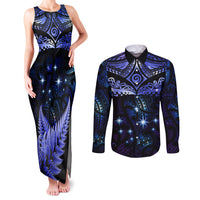 New Zealand Matariki Couples Matching Tank Maxi Dress and Long Sleeve Button Shirt Maori Pattern and Matariki Sky Night LT03 Blue - Polynesian Pride