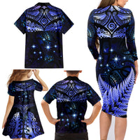 New Zealand Matariki Family Matching Long Sleeve Bodycon Dress and Hawaiian Shirt Maori Pattern and Matariki Sky Night LT03 - Polynesian Pride