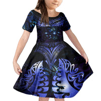 New Zealand Matariki Family Matching Mermaid Dress and Hawaiian Shirt Maori Pattern and Matariki Sky Night LT03 Daughter's Dress Blue - Polynesian Pride