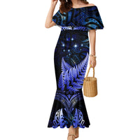 New Zealand Matariki Family Matching Mermaid Dress and Hawaiian Shirt Maori Pattern and Matariki Sky Night LT03 Mom's Dress Blue - Polynesian Pride