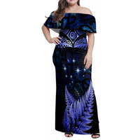 New Zealand Matariki Family Matching Off Shoulder Maxi Dress and Hawaiian Shirt Maori Pattern and Matariki Sky Night LT03 Mom's Dress Blue - Polynesian Pride