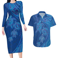 Hawaiian Turtles and Polynesian Art Tattoo Couples Matching Long Sleeve Bodycon Dress and Hawaiian Shirt Ocean Abyss LT03 Blue - Polynesian Pride