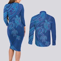 Hawaiian Turtles and Polynesian Art Tattoo Couples Matching Long Sleeve Bodycon Dress and Long Sleeve Button Shirt Ocean Abyss LT03 - Polynesian Pride