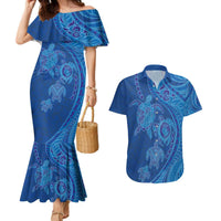 Hawaiian Turtles and Polynesian Art Tattoo Couples Matching Mermaid Dress and Hawaiian Shirt Ocean Abyss LT03 Blue - Polynesian Pride