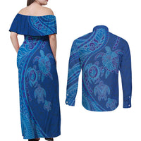 Hawaiian Turtles and Polynesian Art Tattoo Couples Matching Off Shoulder Maxi Dress and Long Sleeve Button Shirt Ocean Abyss LT03 - Polynesian Pride
