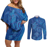 Hawaiian Turtles and Polynesian Art Tattoo Couples Matching Off Shoulder Short Dress and Long Sleeve Button Shirt Ocean Abyss LT03 Blue - Polynesian Pride