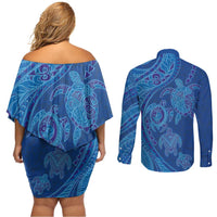 Hawaiian Turtles and Polynesian Art Tattoo Couples Matching Off Shoulder Short Dress and Long Sleeve Button Shirt Ocean Abyss LT03 - Polynesian Pride