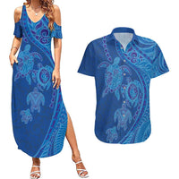 Hawaiian Turtles and Polynesian Art Tattoo Couples Matching Summer Maxi Dress and Hawaiian Shirt Ocean Abyss LT03 Blue - Polynesian Pride