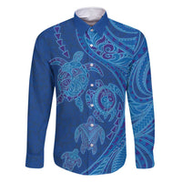 Hawaiian Turtles and Polynesian Art Tattoo Family Matching Mermaid Dress and Hawaiian Shirt Ocean Abyss LT03 Dad's Shirt - Long Sleeve Blue - Polynesian Pride
