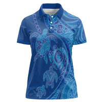 Hawaiian Turtles and Polynesian Art Tattoo Women Polo Shirt Ocean Abyss LT03 Female Blue - Polynesian Pride