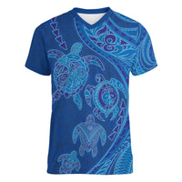 Hawaiian Turtles and Polynesian Art Tattoo Women V-Neck T-Shirt Ocean Abyss LT03 Female Blue - Polynesian Pride