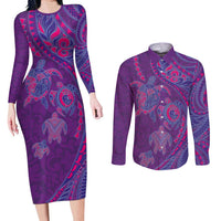 Hawaiian Turtles and Polynesian Art Tattoo Couples Matching Long Sleeve Bodycon Dress and Long Sleeve Button Shirt Dusky Violet LT03 Purple - Polynesian Pride