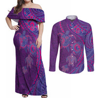 Hawaiian Turtles and Polynesian Art Tattoo Couples Matching Off Shoulder Maxi Dress and Long Sleeve Button Shirt Dusky Violet LT03 Purple - Polynesian Pride
