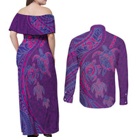 Hawaiian Turtles and Polynesian Art Tattoo Couples Matching Off Shoulder Maxi Dress and Long Sleeve Button Shirt Dusky Violet LT03 - Polynesian Pride
